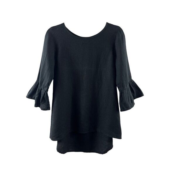 Crown Linen Designs 3/4 Bell Sleeve Hi-Lo Tunic Blouse XS Black European Linen - Picture 1 of 9
